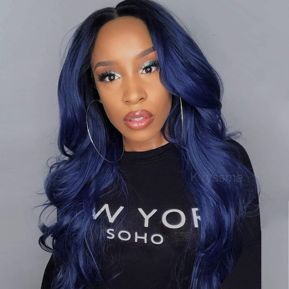 K'ryssma Ombre Blue Synthetic Wigs with Black Roots Middle Parting Long Wavy Ombre Blue Wigs Full Machine Made 22 inches