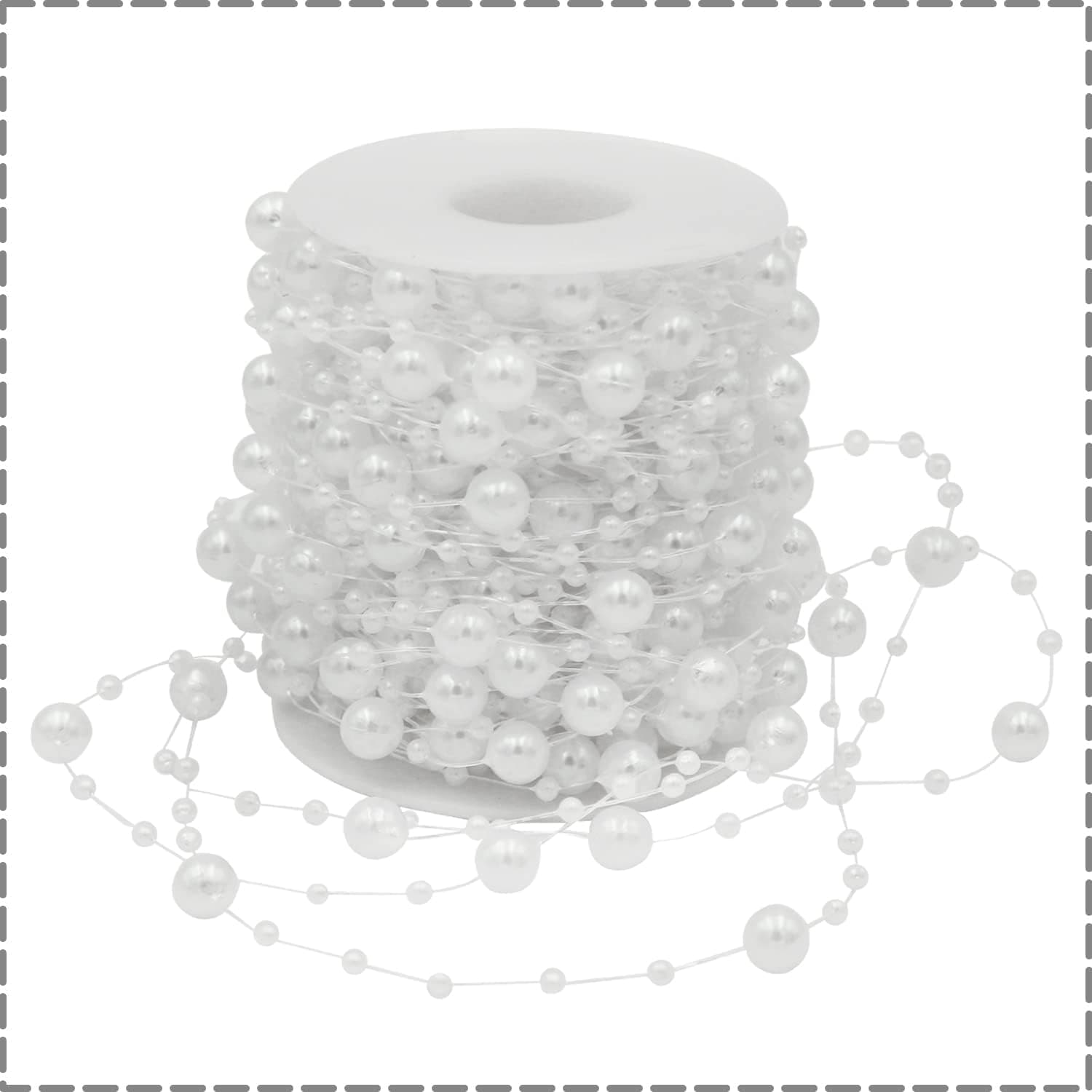 JREZUR 60 Ft Christmas Pearl Garland, DIY Decoration Pearl Strands Chain for Christmas Tree, Decoration Indoor Outdoor, Beads Roll Strand Decoration, Home Mantle Fireplace Holiday Decor (White)