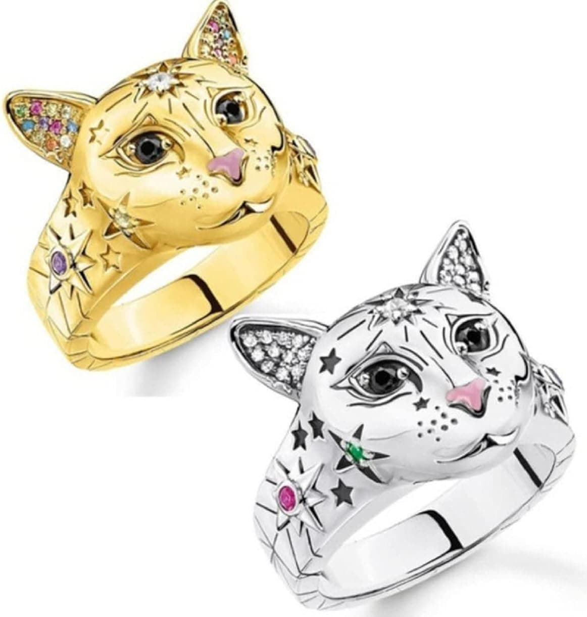Cat Ring,Retro Punk Kitty CatRing for Women Girls Vintage Cat Animal Ring Classic Cat Sun Star Ring Iced Out Cat Kitten Head Ring Valentine’s Day Birthday Gifts for Girls