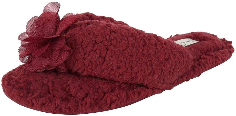 Jessica Simpson Women's Fluffy Pom Thong House Slide on Slippers with Memory Foam, Burgundy, Small