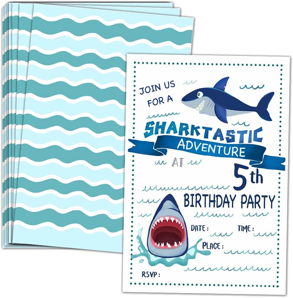 ukebobo 5th Birthday Party Invitations with Envelopes – Shark Birthday Party Invitations, Shark Party Decorations– 20 Cards With Envelopes(sy-05)