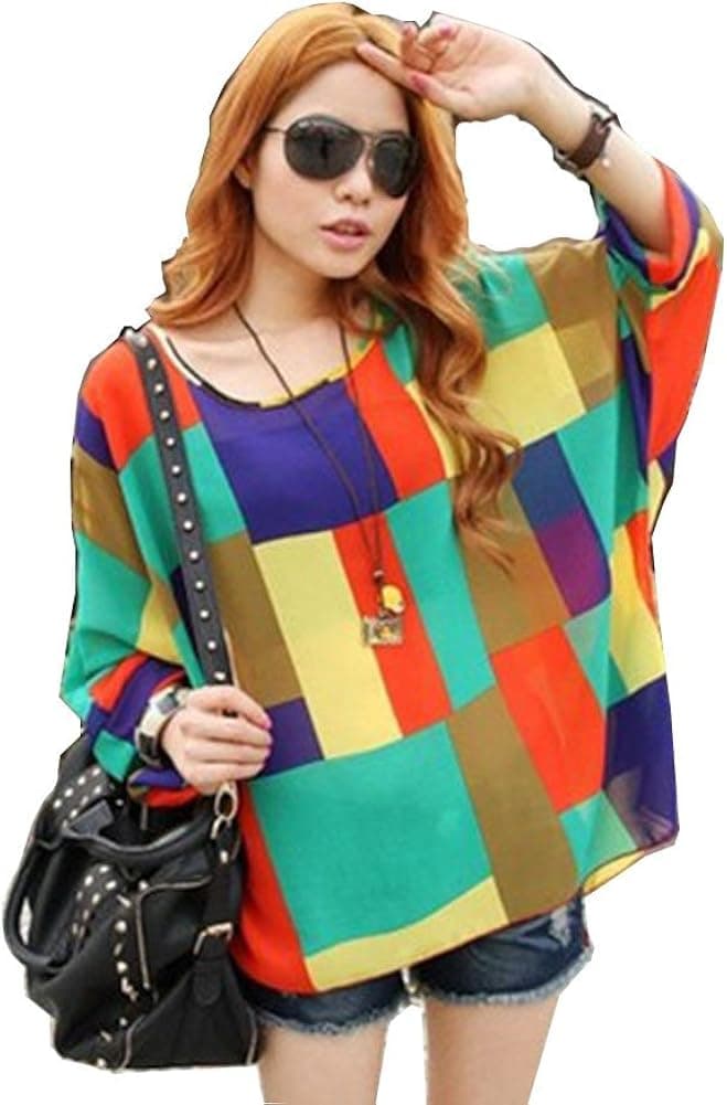 Imixbox Women Batwing Dolman Sleeve Chiffon Flowers Tops Blouse Large
