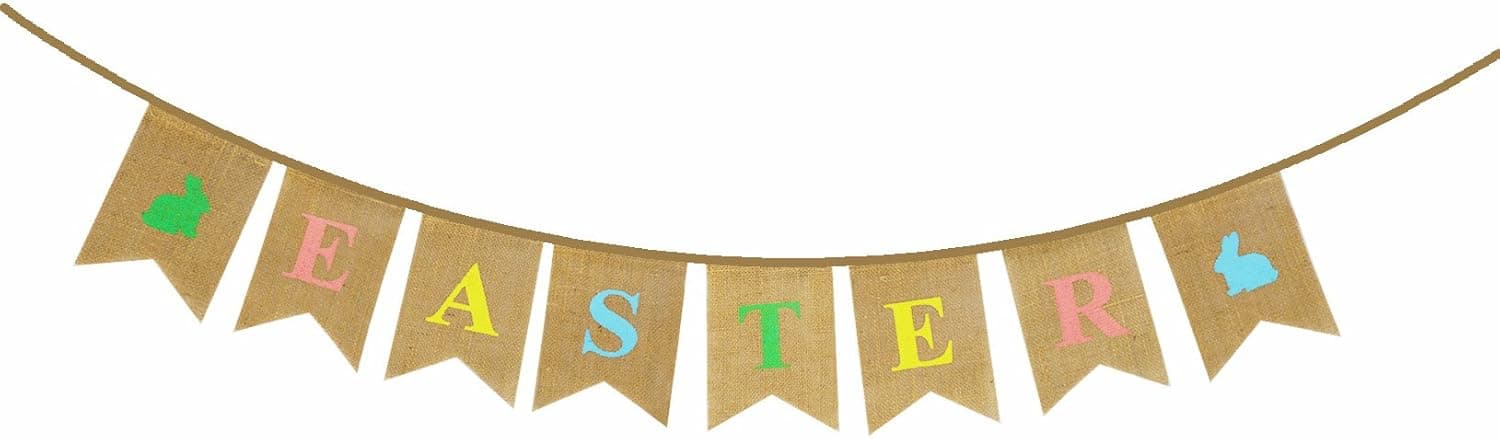 KissDate 2.8 Meters Easter Burlap Banner, Colorful Bunny Pattern Bunting Garland Flags for Easter Home Party Decoration