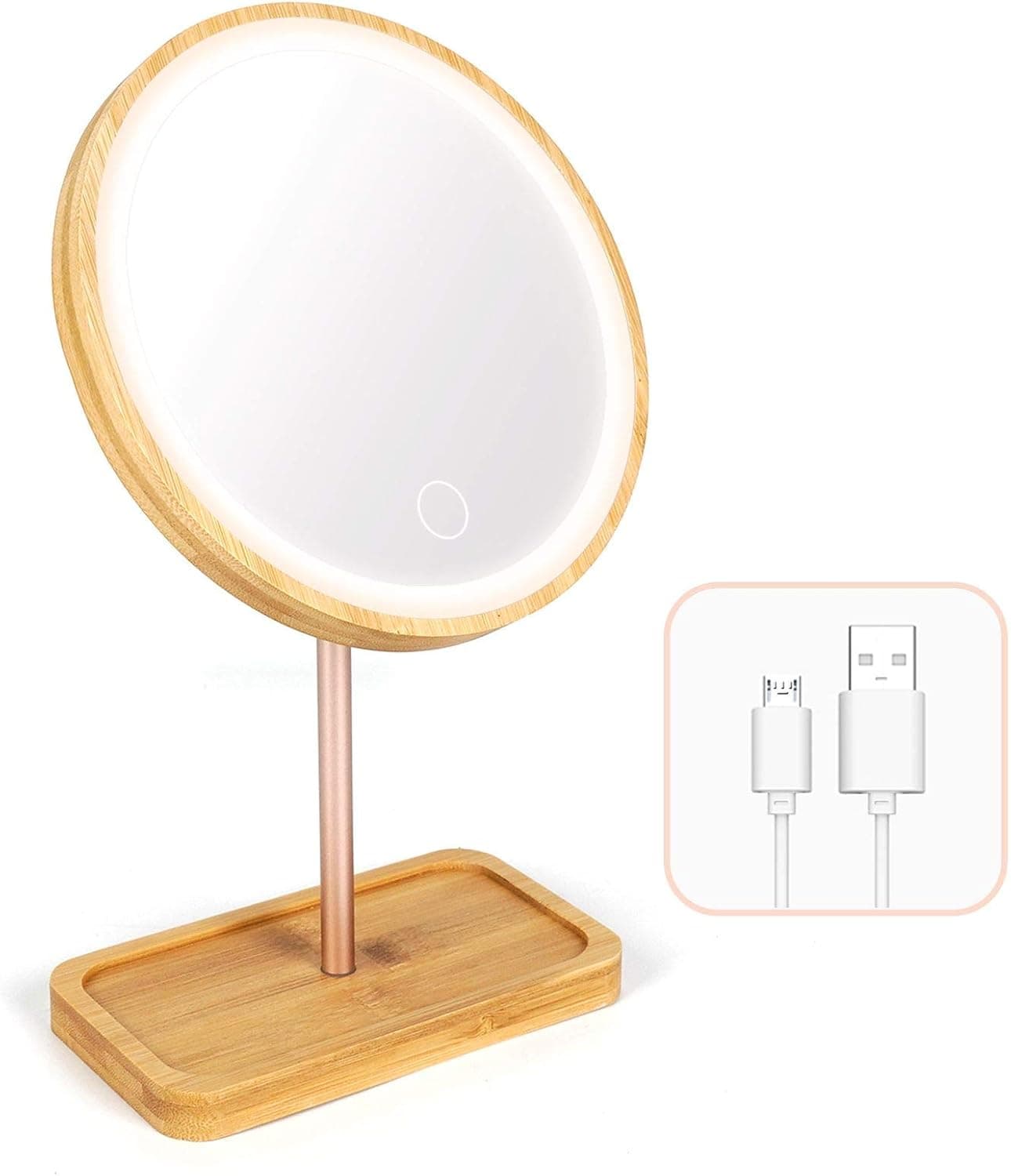 Erivibor Led Bamboo Wooden Makeup Mirror Desktop Cosmetic Mirrors with 3 Lighting Modes USB Rechargeable Battery Adjustable Touch Beauty Lamp
