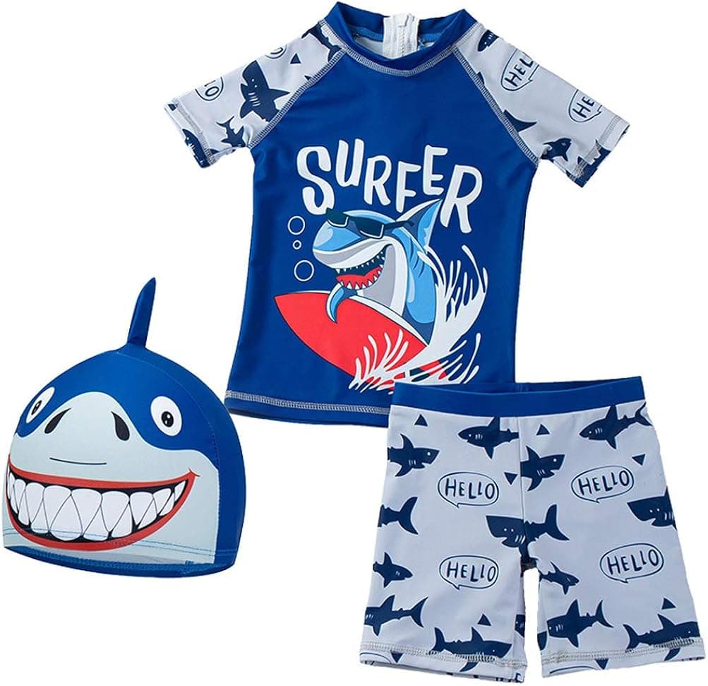 Baby Toddler Boys Two Pieces Swimsuit Set Swimwear Dinosaur Shark Bathing Suit Rash Guards with Hat UPF 50+ (5-6 Years, Shark Surfing)