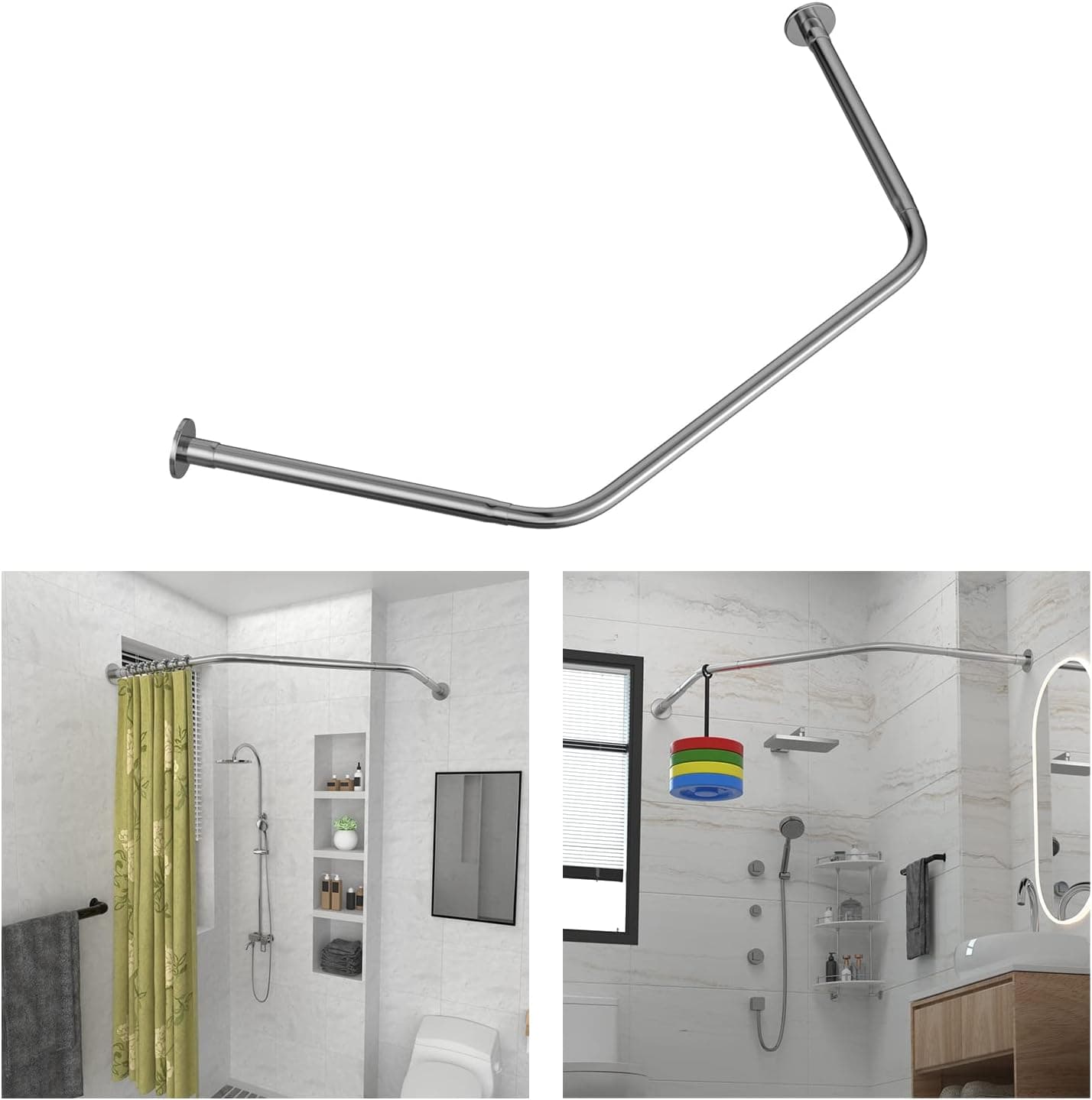 Tanxih Corner Shower Curtain Rod Adjustable Stainless Steel Diamond Shaped Rack Drill Free Install for Bathroom, Bathtub, Clothing Store (Diamond Shaped, Both Sides: 17"-25.6",Middle:20"-26)