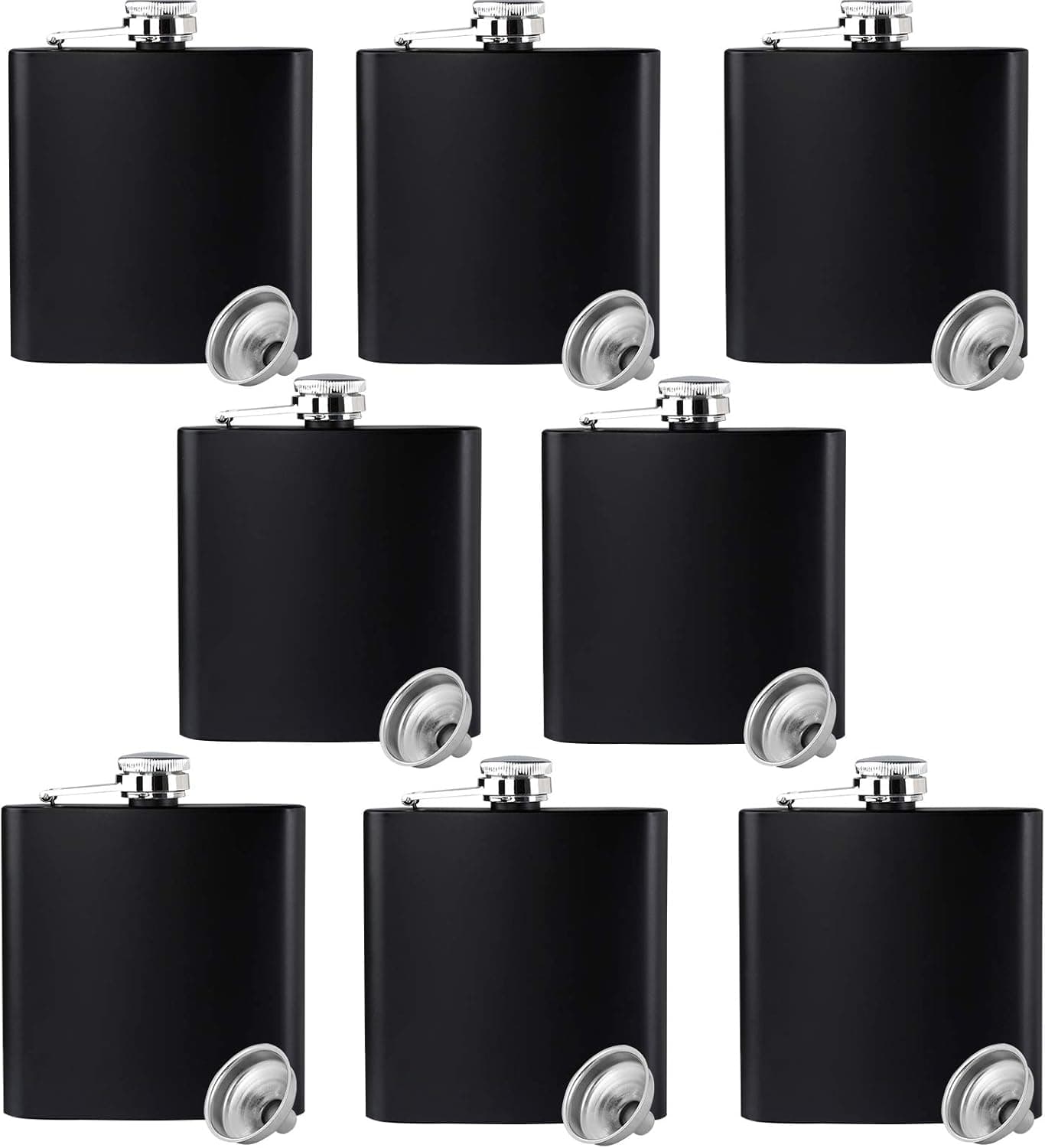 Black Flask Stainless Steel with Funnel,6 Oz, Set of 8