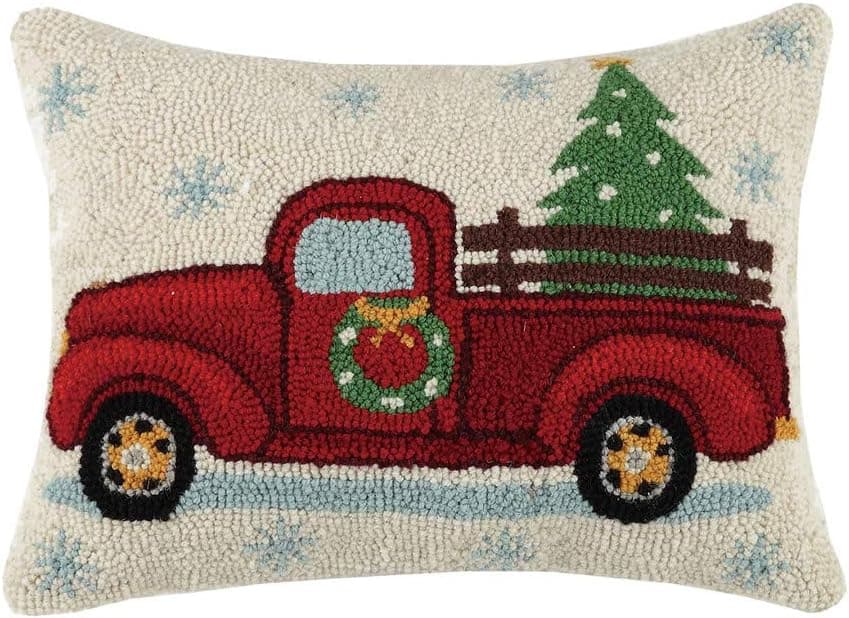 Peking Handicraft Holiday Highway Christmas Tree On Truck Wool-Blend Decorative Pillow, 14" X 18"