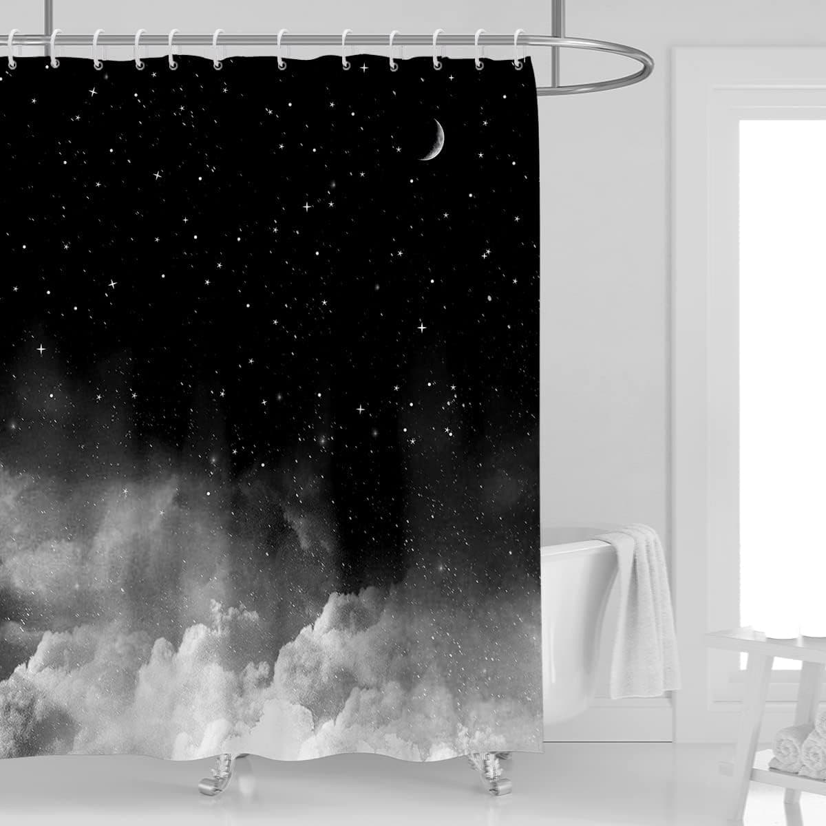 Kikiry Moon Shower Curtain 60''W x 72''L Night Starry Sky Galaxy Black Star Bathroom Curtains Nebula Cloud Fantasy Universe Design Polyester Fabric 12 Pack Plastic Hooks