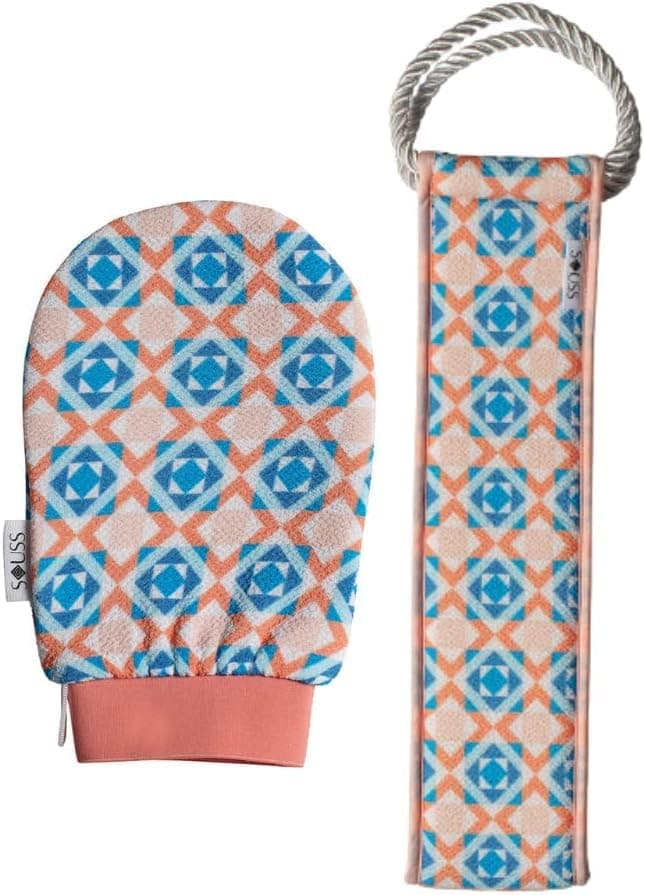 Exfoliating Mitt (Moroccan Kessa) and Back Scrubber Bundle Pack - Removes Dead and Dry Skin - Reveals Smoother, Shinier Skin- Great for Self-Tan Removal and Preparation (Exfoliating Bundle)