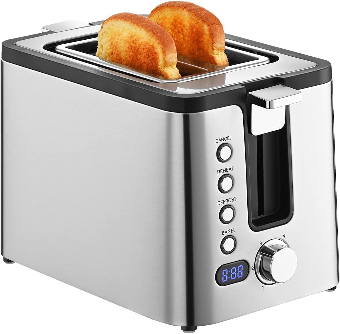 Mecity Toaster 2 Slice Stainless Steel Toaster Countdown Timer, Bagel / Defrost / Reheat / Cancel Functions,Warming Rack, Removable Crumb Tray, 6 Browning Settings, Extra Wide Long Slots, Bread Toaster, 800 Watts