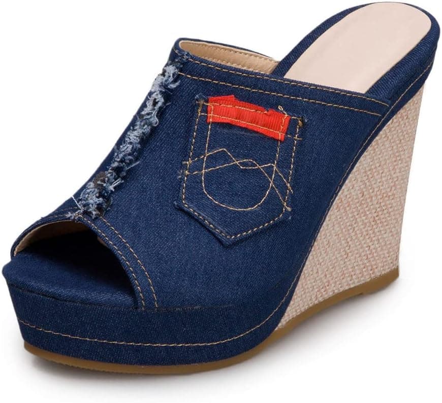 Denim Platform Wedges Women's Sandals Comfortable Fish Mouth Flat-Heeled Thick Bottom Anti-Slip Slippers Open Toe Arch Support Indoor Outdoor Beach Shoes (Color : Denim Blue, Size : 6.5-7)