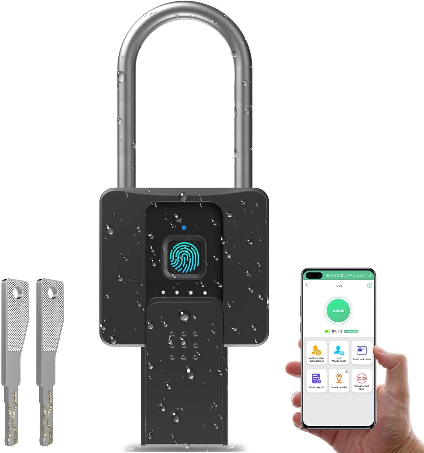 Anweller Large Fingerprint Padlock, Long Shackle Weatherproof Biometric Smart Lock with Key for Outdoor Fence, Gate, Shed, Gym, Locker, Truck