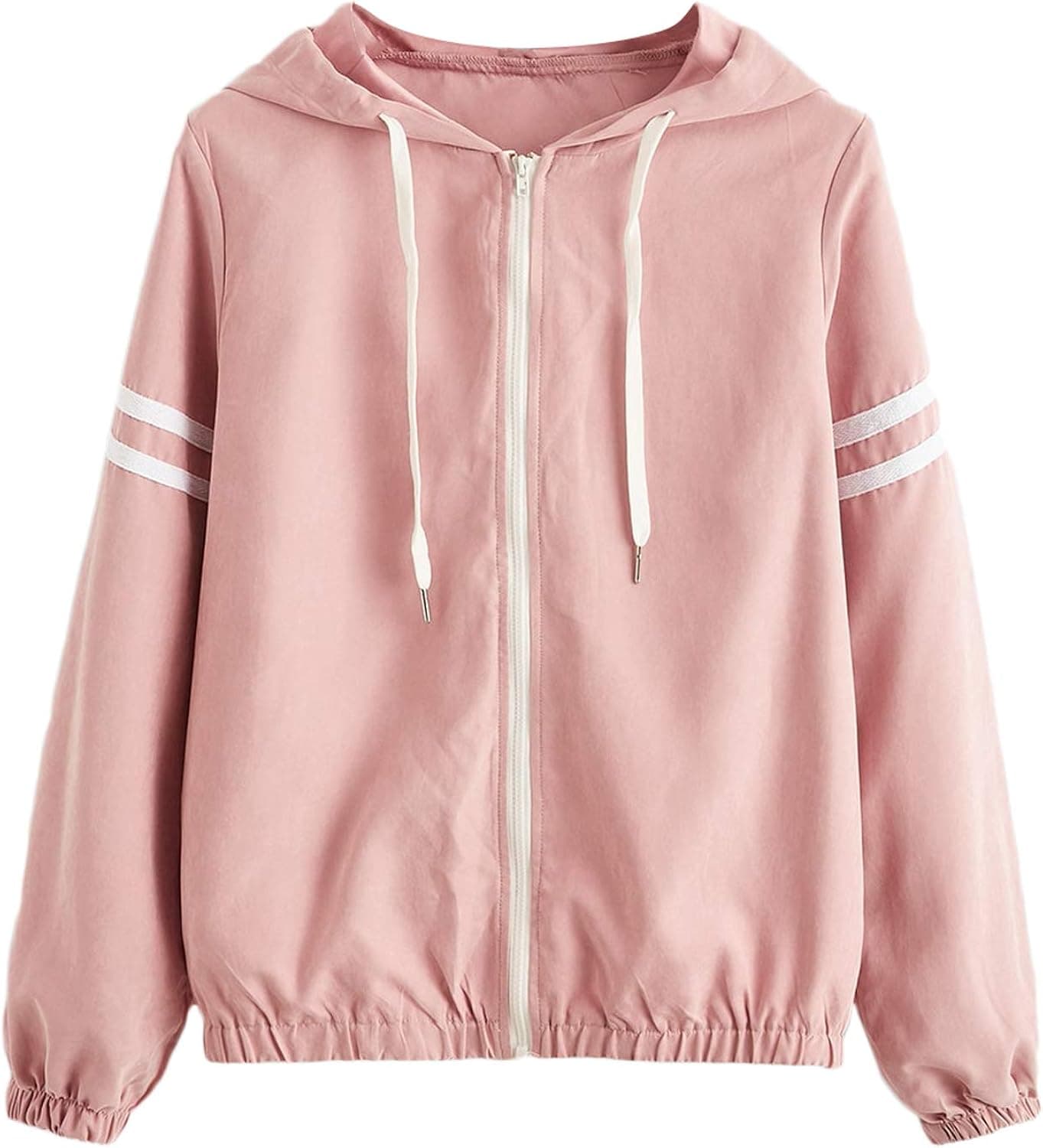 SweatyRocks Women's Casual Color Block Drawstring Hooded Windbreaker Jacket Striped Pink L