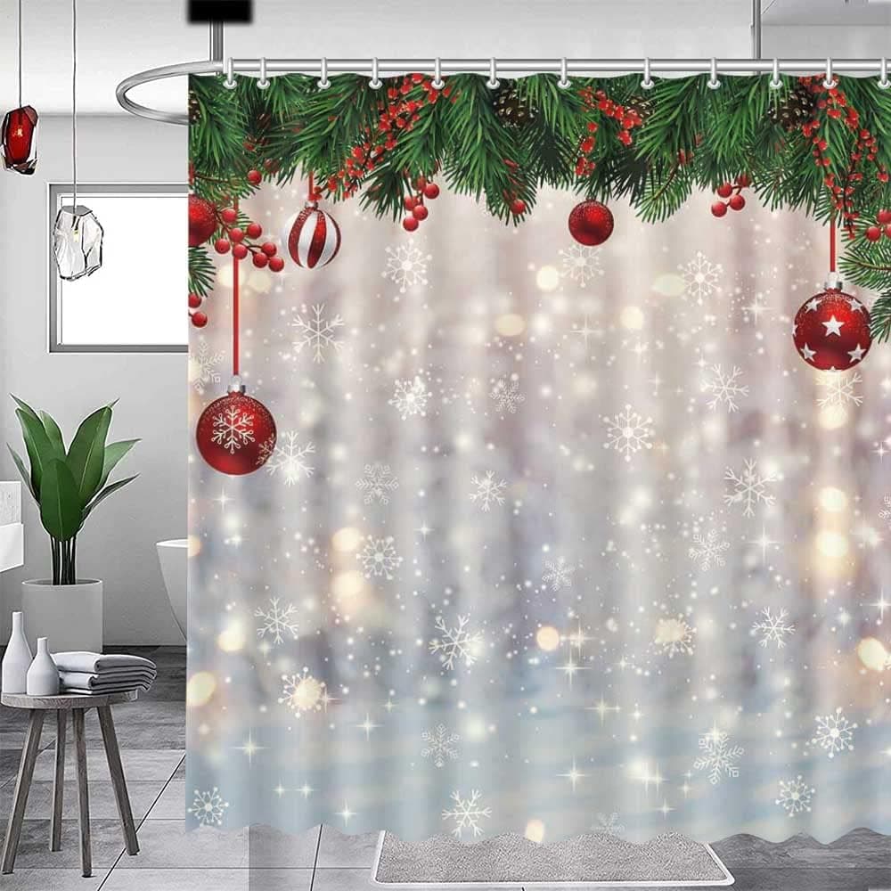 MEHOFOND Christmas Shower Curtain Xmas Shower Curtain Winter Wonderland Snowflake Pine Tree Leaves Shower Curtain for Bathroom Decor Washable Durable Fabric Bathroom Curtains 72x72 in