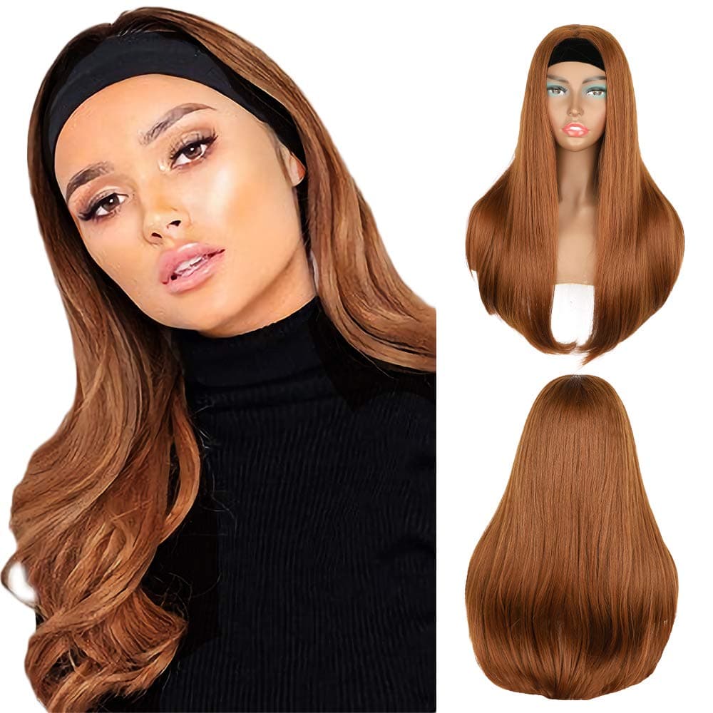 BOGSEA Headband Wig Long Straight Auburn Brown Wig Synthetic Headband Wigs for Women Easy to Wear 24 Inch.