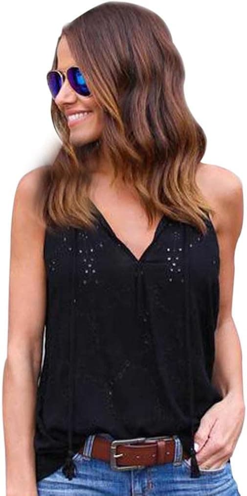 DaySeventh Girls Sleeveless Casual Tshirt Ventilative Hollow Out Slim Blouse (XL, Black)