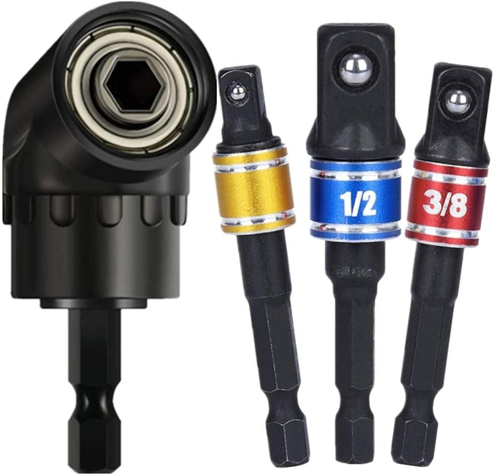 3Pcs 1/4" 3/8" 1/2"Hex Socket Adapter Drill Bits Set,Impact Grade Socket Wrench Adapter Extension Set,105°Right Angle Drill Bit Adapter Attachment 1/4" Drive Hex Magnetic Bit Socket Screwdriver Drill