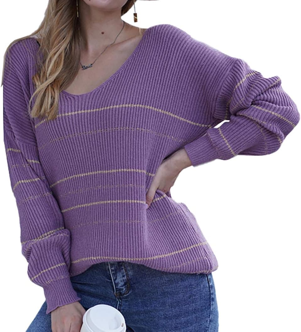 BTFBM Women Casual Striped Print Slouchy Sweaters Long Sleeve Wide V-Neck Plain Loose Soft Knitted Jumper Pullover Tops