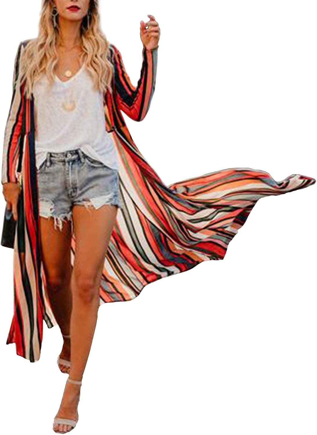 Women's Long Boho Kimono Cover Ups Rainbow Striped Chiffon Summer Cardigan Dusters Beach Sheer Colorful X-Large