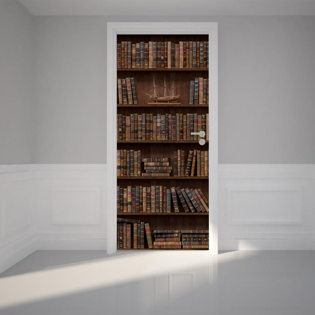 RoyalWallSkins Door Mural Wall Sticker Wooden Bookshelf with Antique Books - Bubble Free Version, Semi-Glossy, Self Adhesive Peel and Stick Door Wrap (36 x 80, Wooden Bookshelf with Antique Books)