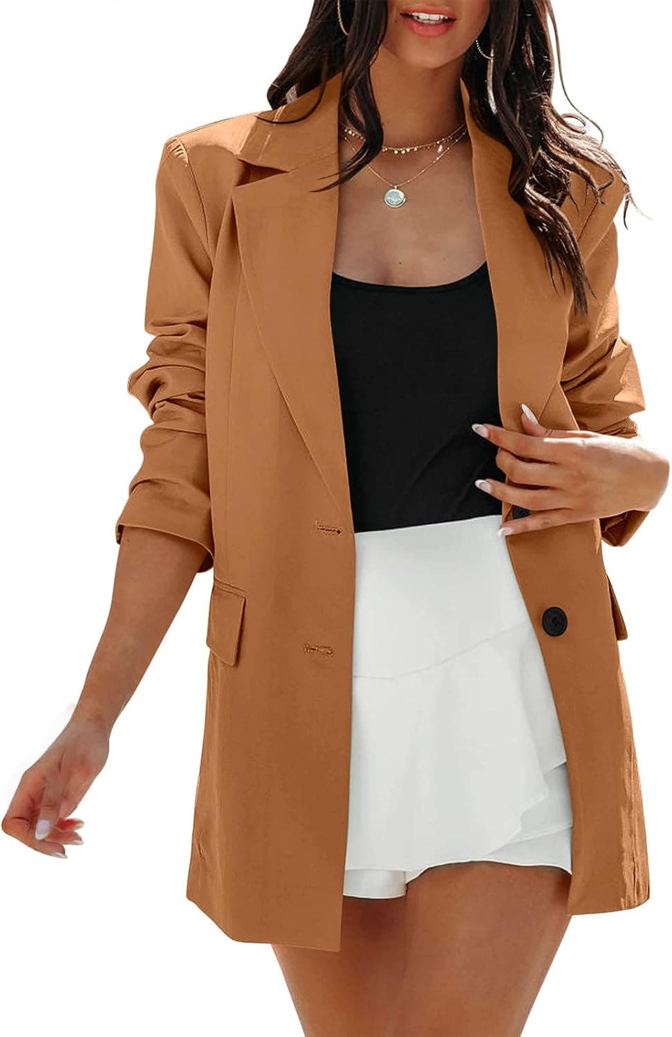 ANRABESS Women's Casual Button Long Sleeve Lapel Open Front Pad Shoulder Office Blazer Jacket Work Suit