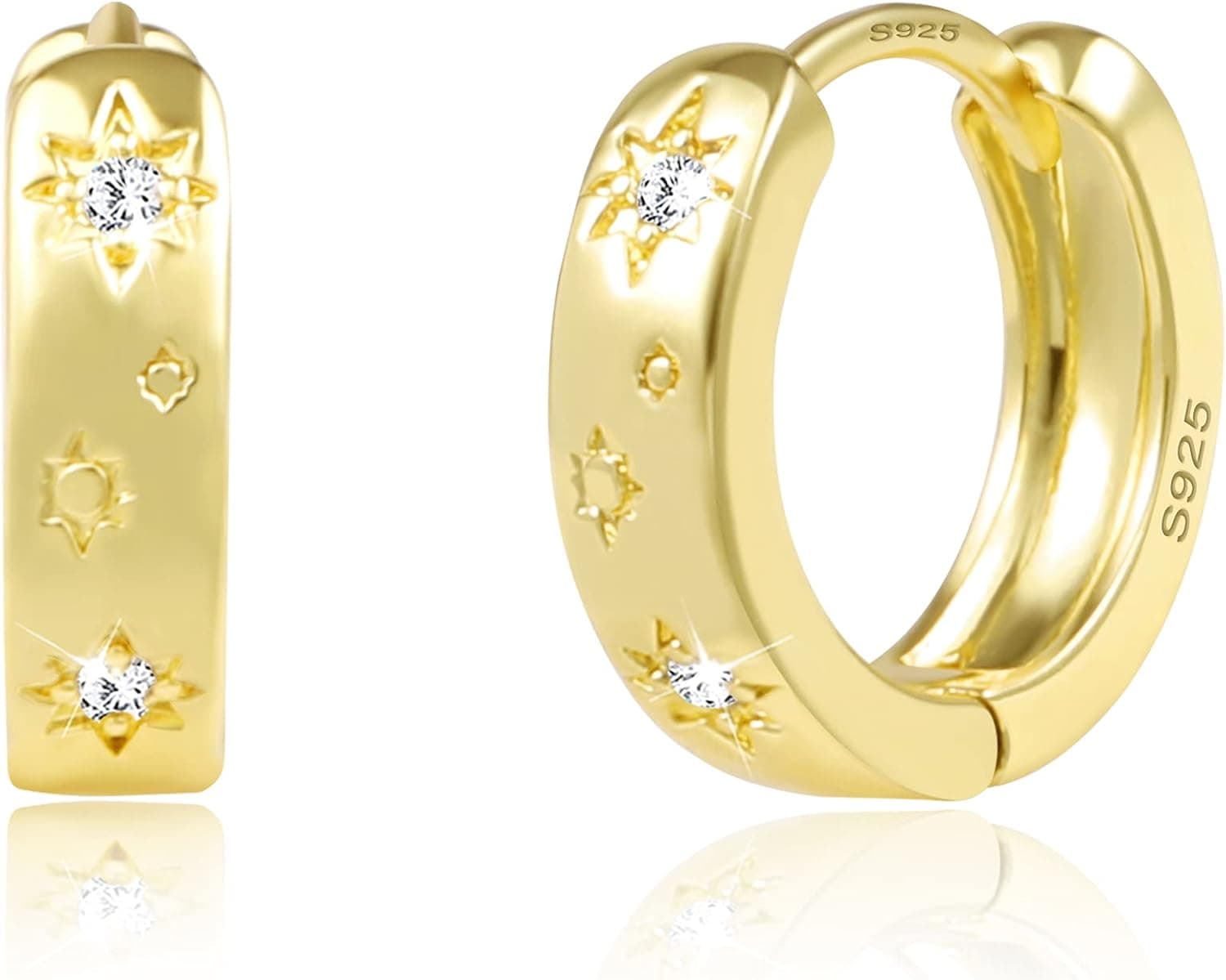 Small Chunky Hoop Earrings for Women Girls Hypoallergenic Thick Starbust CZ Star Huggie Hoop Earrings
