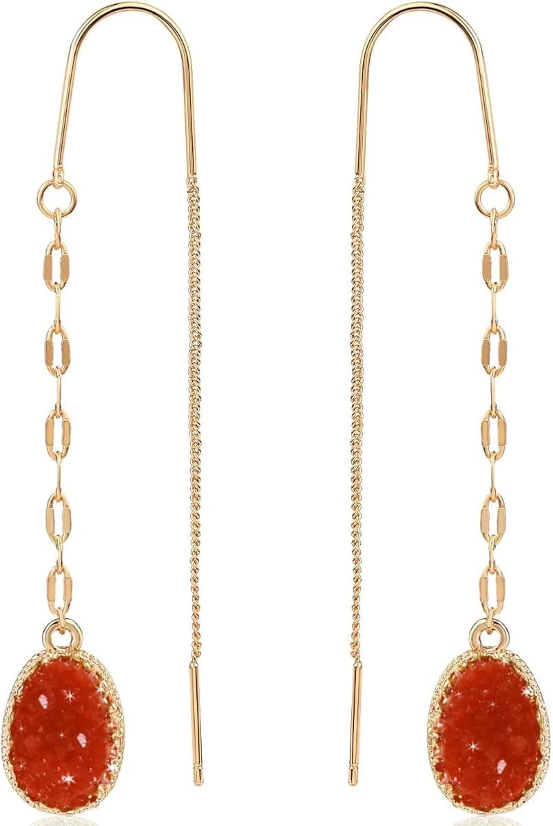 Humble Chic Simulated Druzy Threader Earrings for Women - Gold, Silver, or Rose Gold Tone Long Chain Earrings with Boho Created Geode Stone