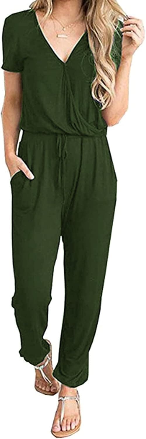 Letnewf Women V Neck Jumpsuits Short Sleeve Casual Elastic Waist One Piece Romper Overall with Pockets