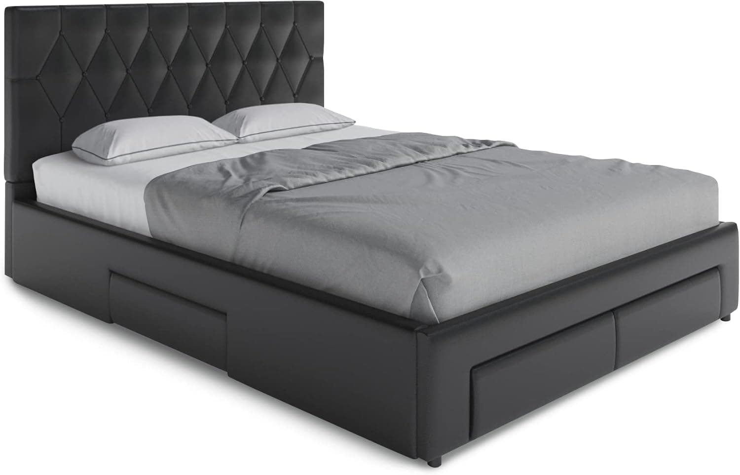 ZTOZZ Faux Leather Upholstered Platform Bed Frame with Headboard and 4 Storage Drawers - PU Upholstered Platform Bed - Black Faux Bed Frame with Roll Out Drawers - Queen Size (Black PU)