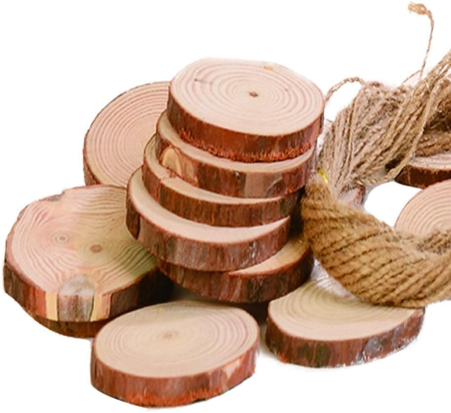 Onepine Natural Wood Slices for Crafts 30 Pieces 2.4-2.8 Inch Unfinished Predrilled Wood Slices with 32.8 Feet Natural Jute Twine