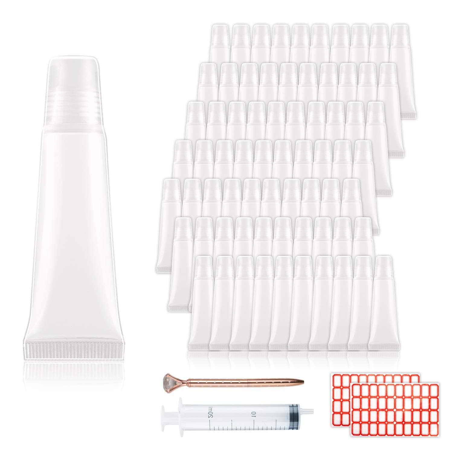 70 PCS 10ml Refillable Lip Gloss Tubes, Clear Soft Cosmetic Tubes Lip Balm Containers for DIY Homemade lipgloss project with 1PCS free Syringe, 1 PCS Diamond Pen and 80 pcs Labels