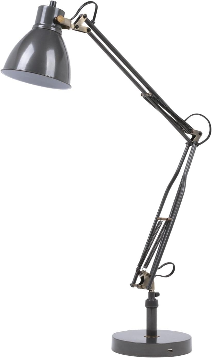 Lumesty Dallas Metal Desk Lamp, Graphite Finish, Antique Brass Accent, Fast Charging 2.1A USB Port, Twist On/Off Switch, 30070