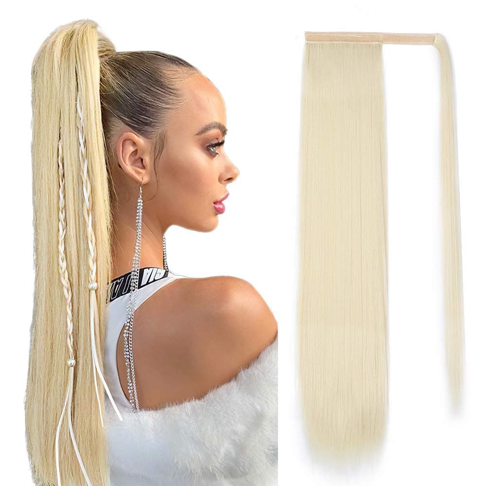 Isaic Ponytail Extension Long Straight Synthetic Wrap Around Clip in Ponytail for Women 24 inch (Bleach Blonde, 150g)