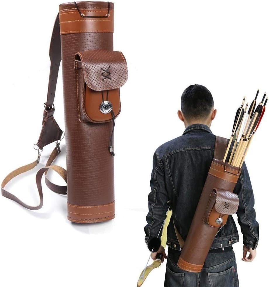 Huntingdoor Back Quiver Traditional Archery Shoulder Quiver Real Cow Leather Handmade Arrow Holder Bag with Pockets for Outdoor Shooting Hunting
