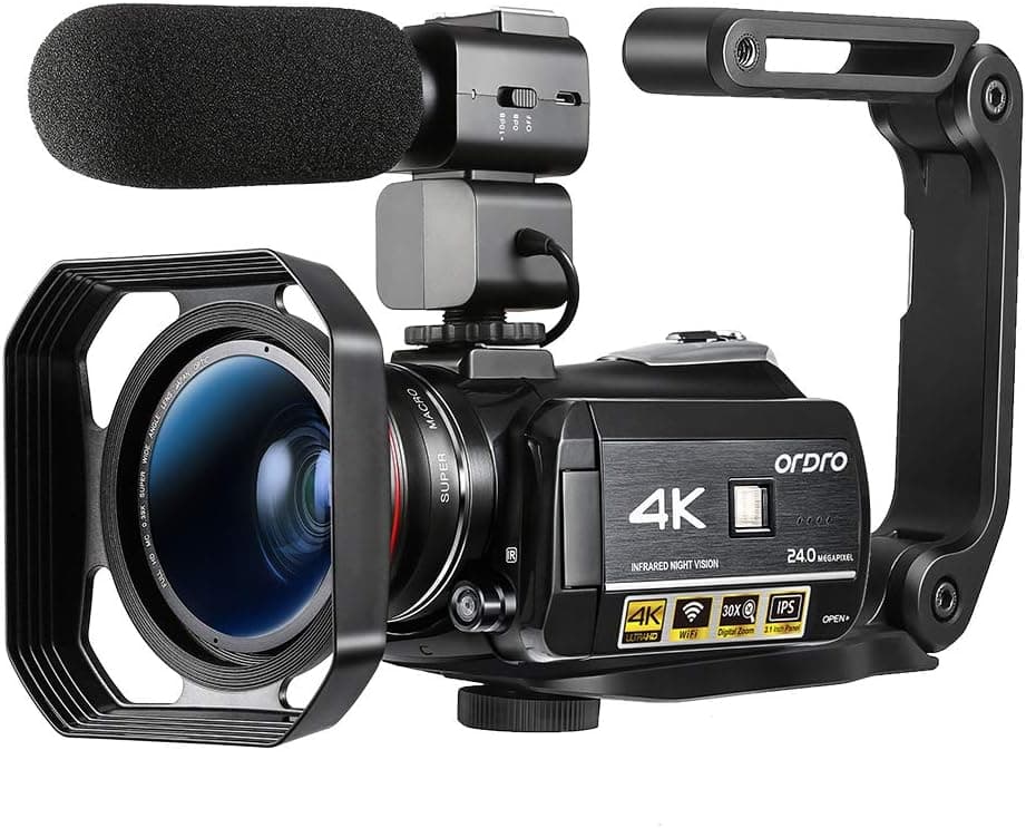 Ordro AC3 Video Camera 4K Camcorder Ultra HD Vlog Camera for YouTube, 3.1'' IPS Screen 30X Digital Zoom Night Vision Video Recorder with Microphone, Wide Lens, Lens Hood, 32GB SD Card, 2 Batteries