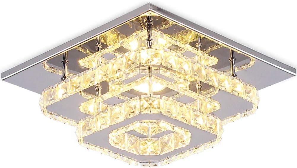 Crystal Ceiling Light Mini LED Chandelier Flush Mount Lighting Fixtures Stainless Steel Square Ceiling Lamps for Bedrooms Hallway Living Room (Warm White)