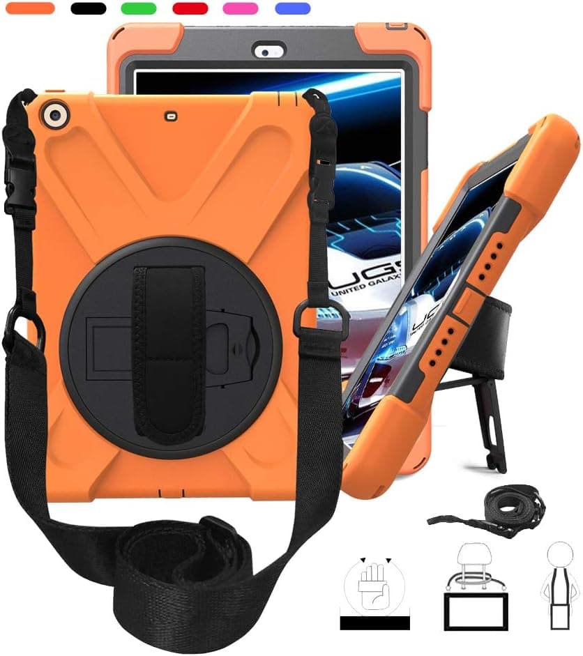 iPad 9.7 Inch Case with 360 Degree Rotating Handle, Adjustable Hands Strap/Shoulder Strap,Full-Body Fall Prevention iPad (5th/6th) Generation Armor Cover,Great Durability (Orange)