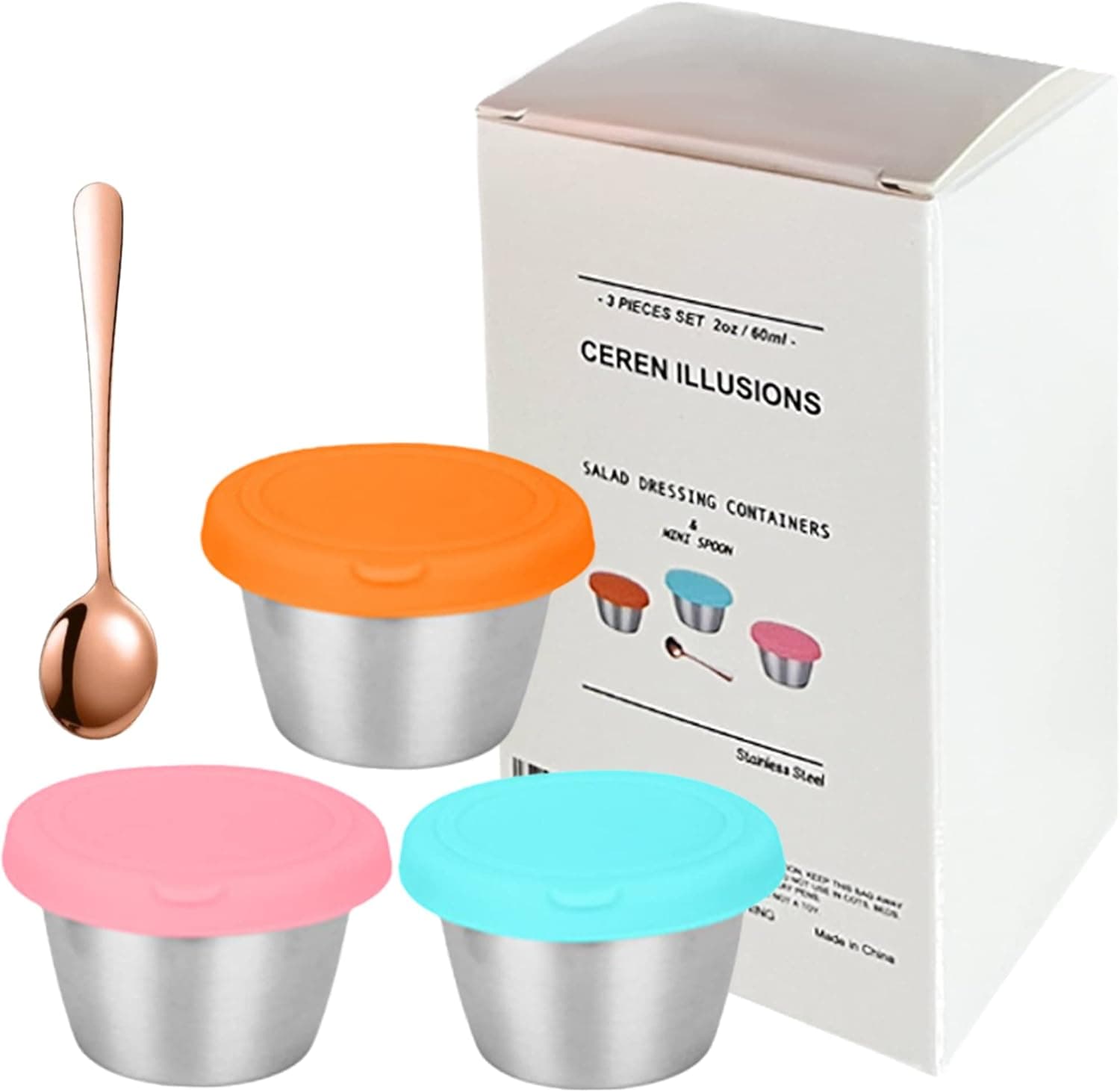 CEREN ILLUSIONS Stainless Steel Salad Dressing Container To Go 3 Pieces 2oz Cups With Silicone Lids Small Condiment Containers