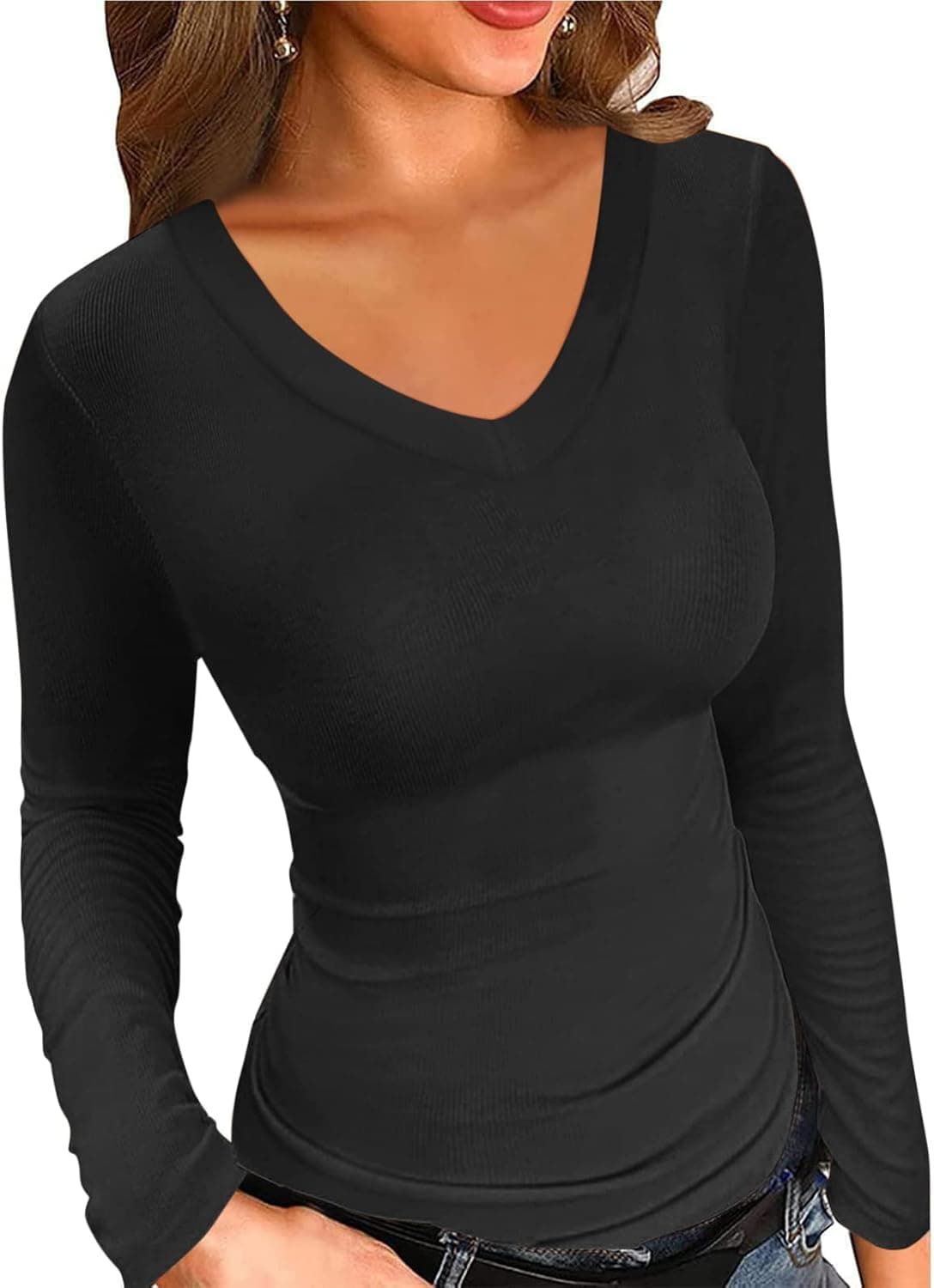 Dellytop Women's Long Sleeve V Neck Fitted Shirt Ribbed Slim Knit Solid Pullover Tee Tops Blouse