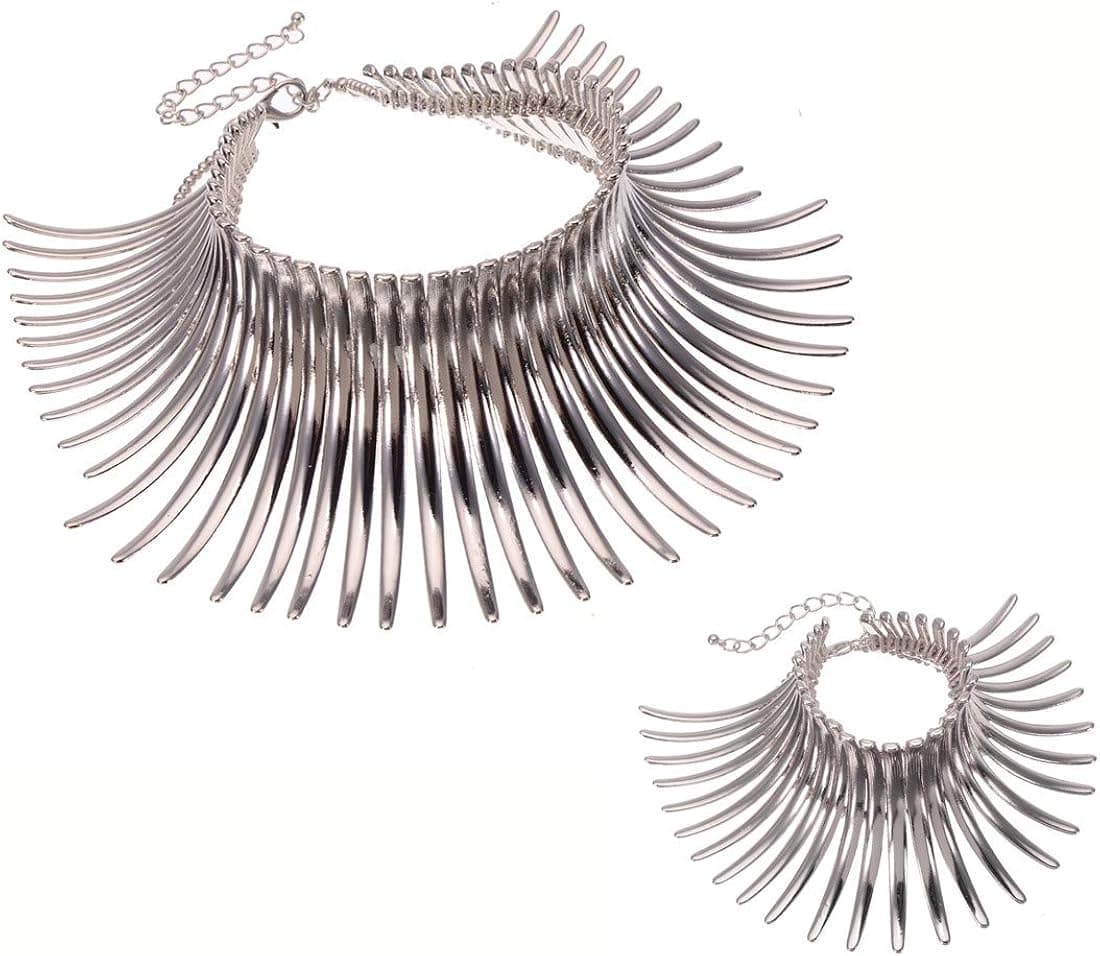 Jerollin Women's Statement Collar Choker Chuncky Bib Necklace Set, African Sparkling Canine Shape Fringe Necklace