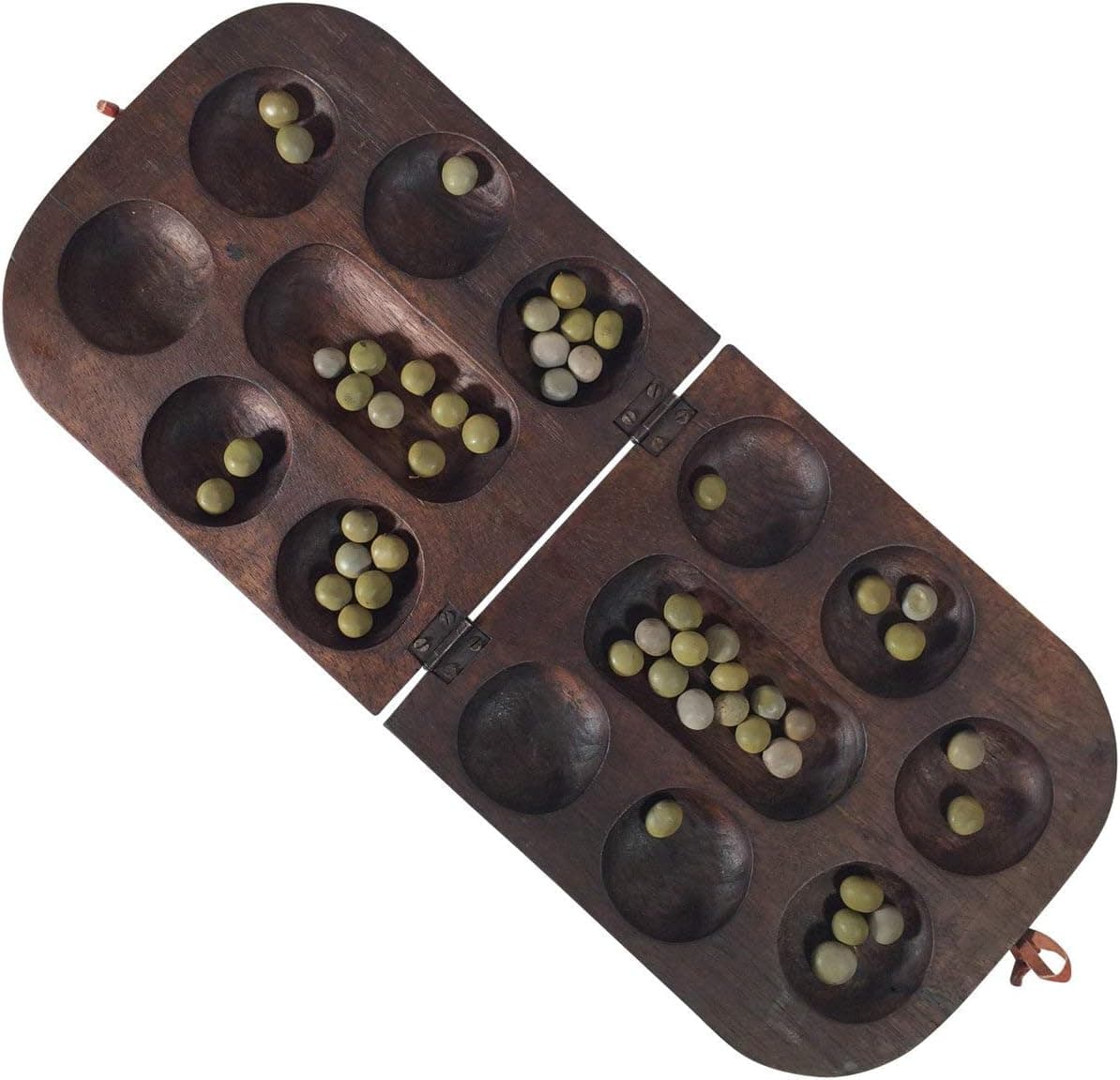 Africa Heartwood Project African Oware (mancala) Seed Board Game - Folding Rounded Shape - Hancarved, Solid Wood with Seeds - Free Instructions
