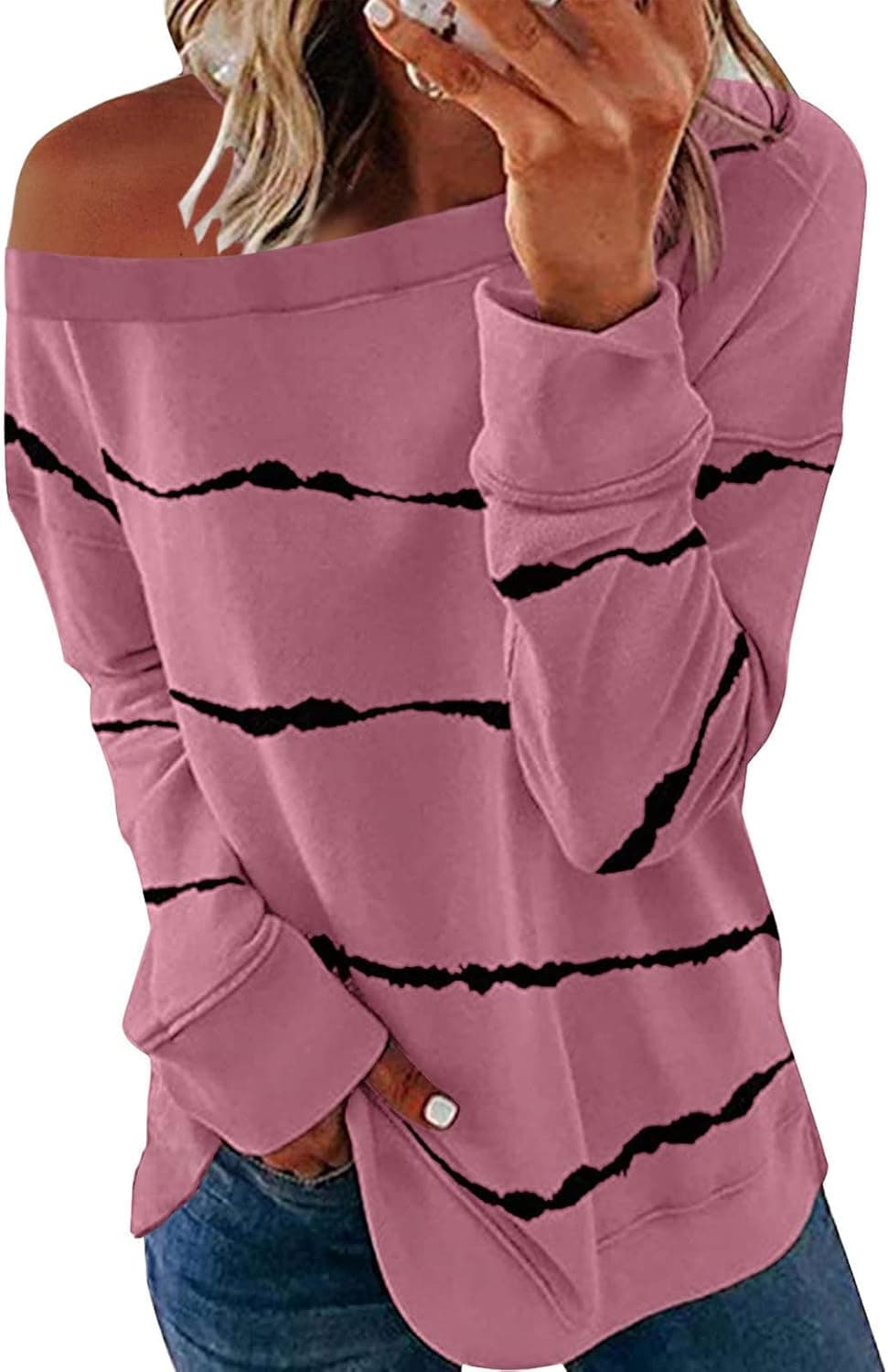 SENFURE Women One Shoulder Sweatshirt Long Sleeve Funny Print Fall Thin Pullover Sweatshirt Top Shirt