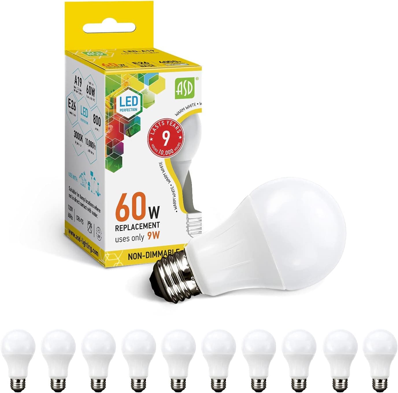 ASD LED Bulbs - A19 E26 LED Bulb - 3000K Warm White - Medium Base - 800Lm - 9=60W Power Supply Equivalent - Non-Dimmable - Standard Screw - Indoor Use for Room Lights - cULus Listed - 10 Pack