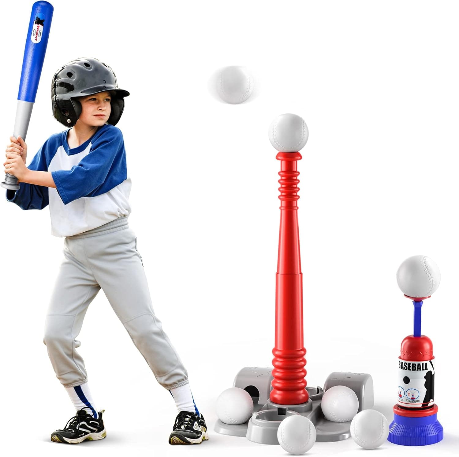 T Ball Set for Kids 3-8, Kids Baseball Tee Includes 6 Balls, Adjustable Teeball Batting Tee, Automatic Pitching Machine, Outside T Ball Games for Kids Toddlers Boys & Girls