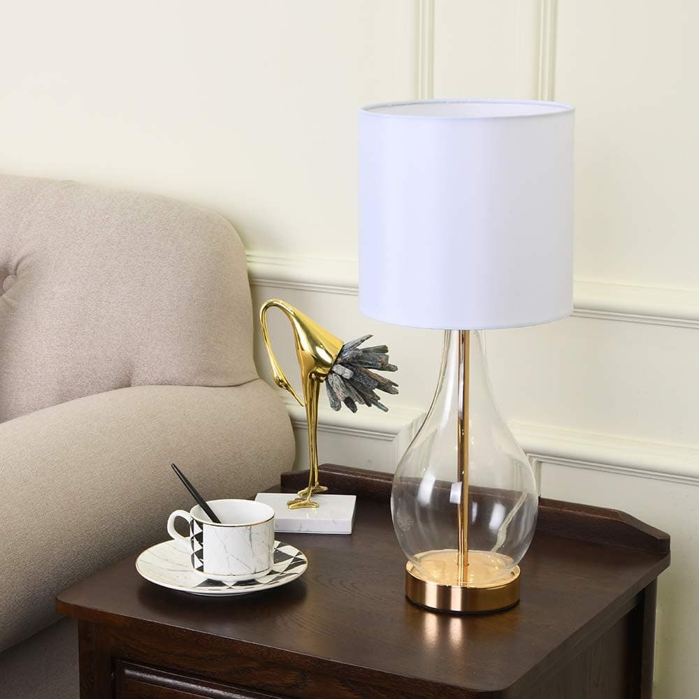 Teardrop-Shaped Clear Glass Gold Table Lamp, Bedside Lamp with White TC Fabric for Living Room Bedroom Modern Nightstand Small Size Popity home