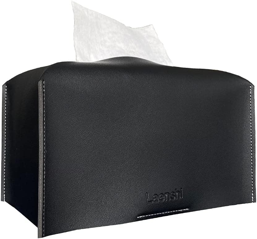 Laenshi Tissue Box Cover Rectangle PU Leather Modern Design Stylish Tissue Box Holder for Bathroom,car,Vanity Countertop,Night Stands,Office Desk (Black, Rectangle)