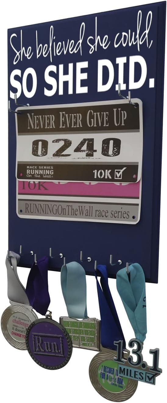 Running On The Wall - Race bib Numbers and Medals Display - Wall Mounted Medal Holder and Hanger for Marathons, Track, Cross Country, 5K & 10K Runners - She Believed She Could, So She Did.
