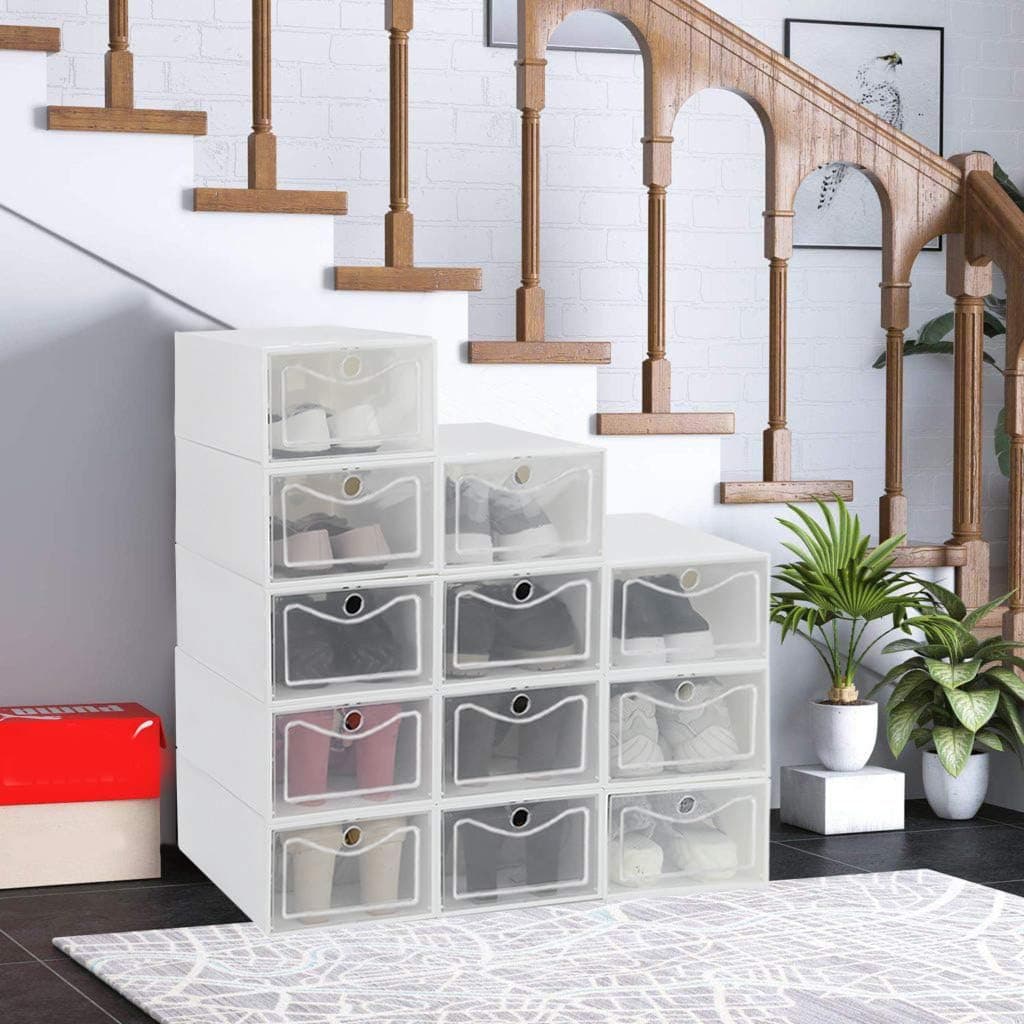 12Pack Stackable Shoe Storage Box, Clear Plastic Shoe Organizer Bins With Pull Out Drawers, Space Saving Foldable Transparent Sneaker Boot Case, Toy Container Closet Organizer