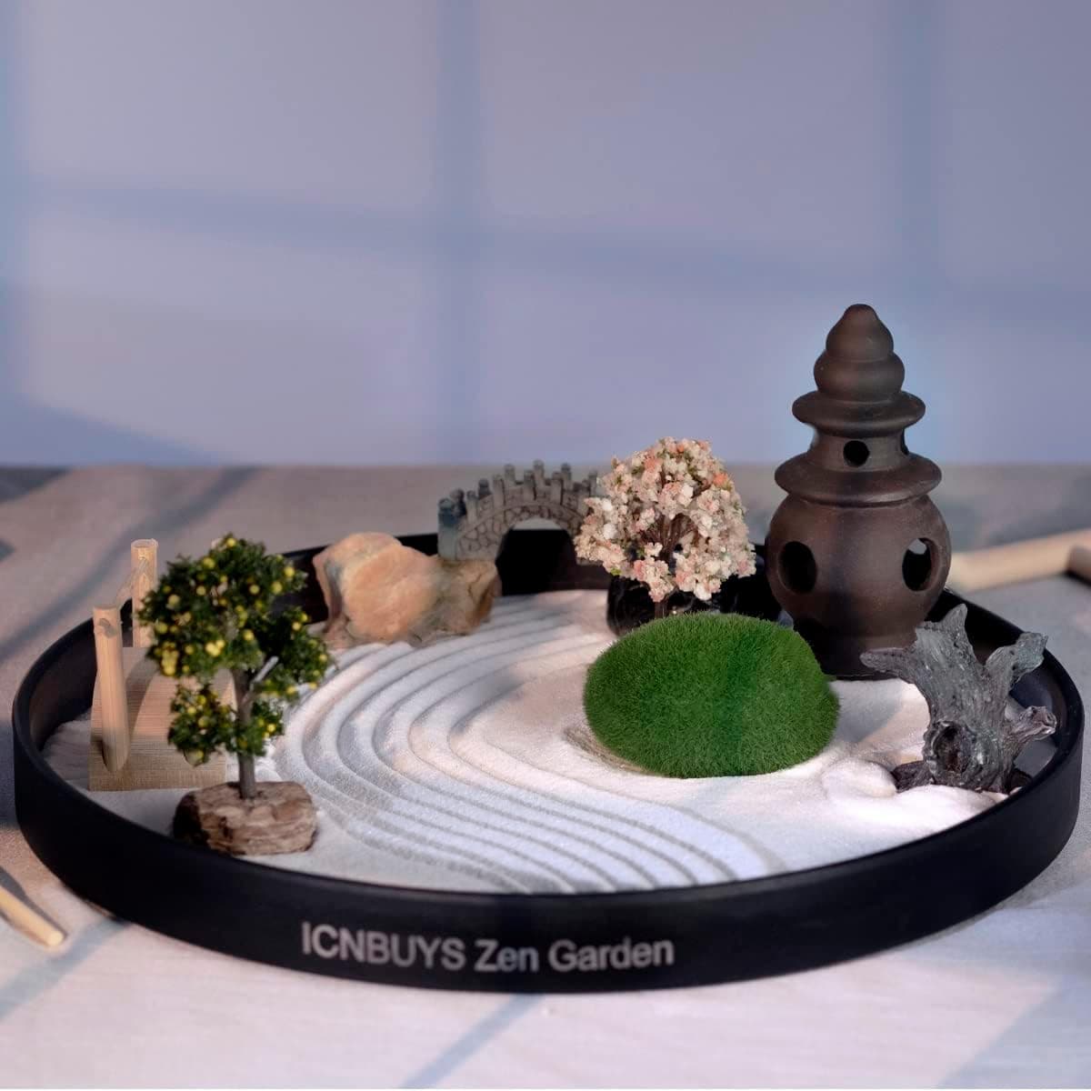 ICNBUYS Zen Garden with Boat Bridge Japanese Censers Set with Free Rake and Pushing Sand Pen Base Tray Diameter 9.4 inches